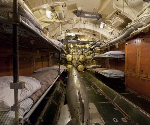 Bunks and torpedo in the U-505 submarine's forward torpedo room
