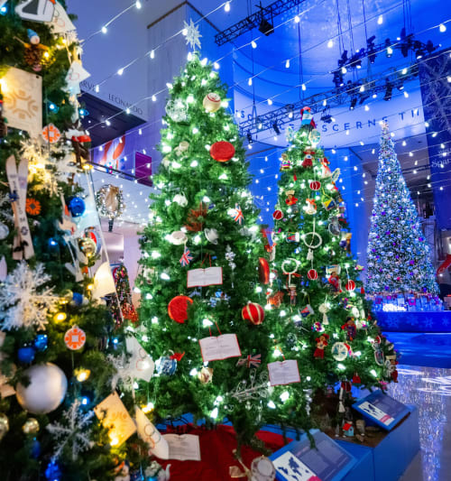 Three decorated holiday trees in the Museum