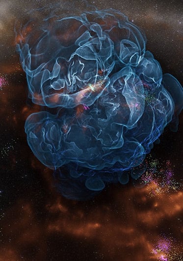 A blue spectral formation in front of a background of stars