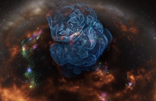 A blue spectral formation in front of a background of stars