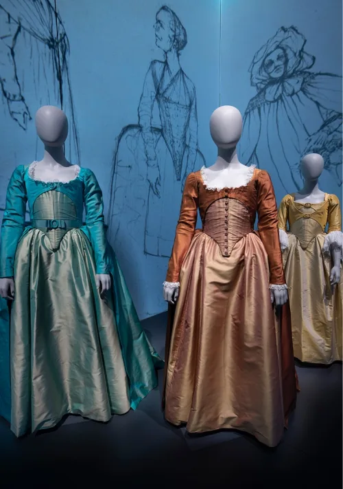 The Schulyer Sister's costumes from the hit musical 'Hamilton', on display in Griffin MSI's "Crafting Character: The Costumes of Paul Tazewell".
