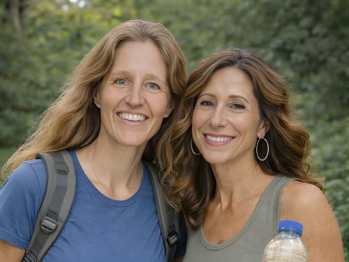 Bottles2Bricks founders Barbara Riegger and Lori Ward pose with bottle of water