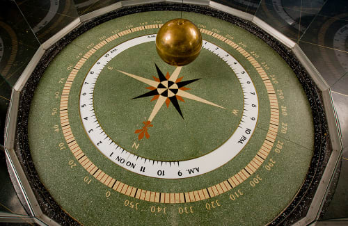 Foucault pendulum suspended over face showing hours and directions