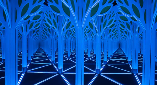 View of the Mirror Maze with "branching" pillars repeating into background