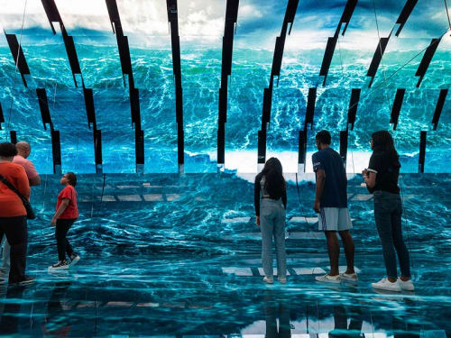 Visitors take in the brilliant digital display in The Blue Paradox exhibit at Griffin MSI.