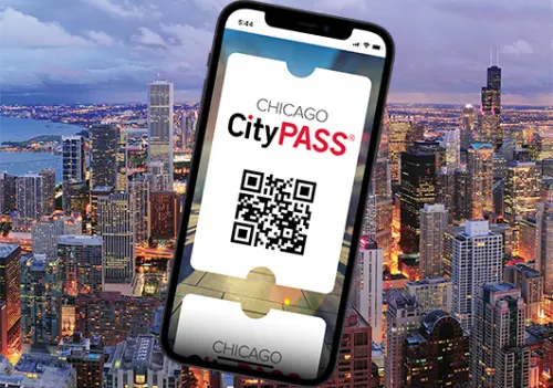 In front of a Chicago cityscape, a mobile phone screen with "Chicago CityPASS®"and QR code