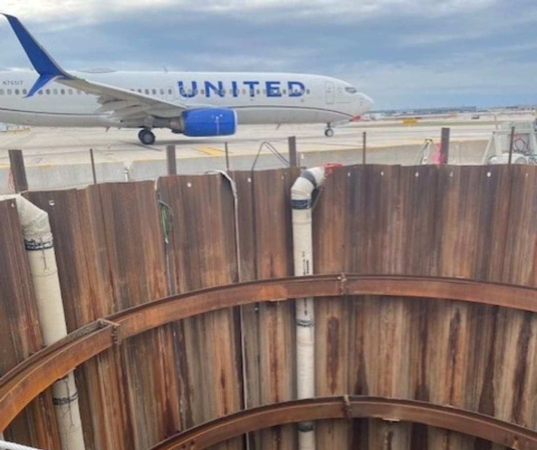 image of airplane at O'Hare airport and the top of the tunnel shaft where project took place. 