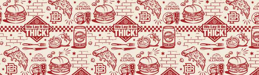 A wallpaper of icons, illustrations, and imagery from Beggars Pizza.