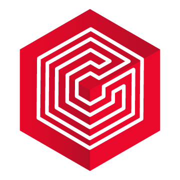 A red cube with a white linear design in the middle that looks like an angular fingerprint