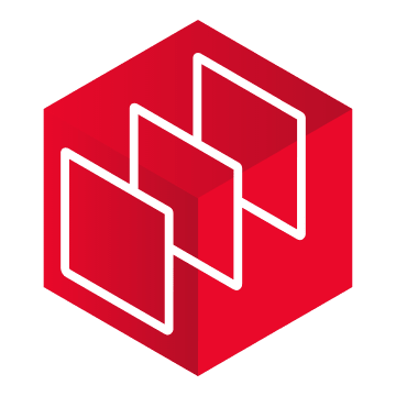 A red cube with a white design in the middle that looks like three stacked sheets of paper