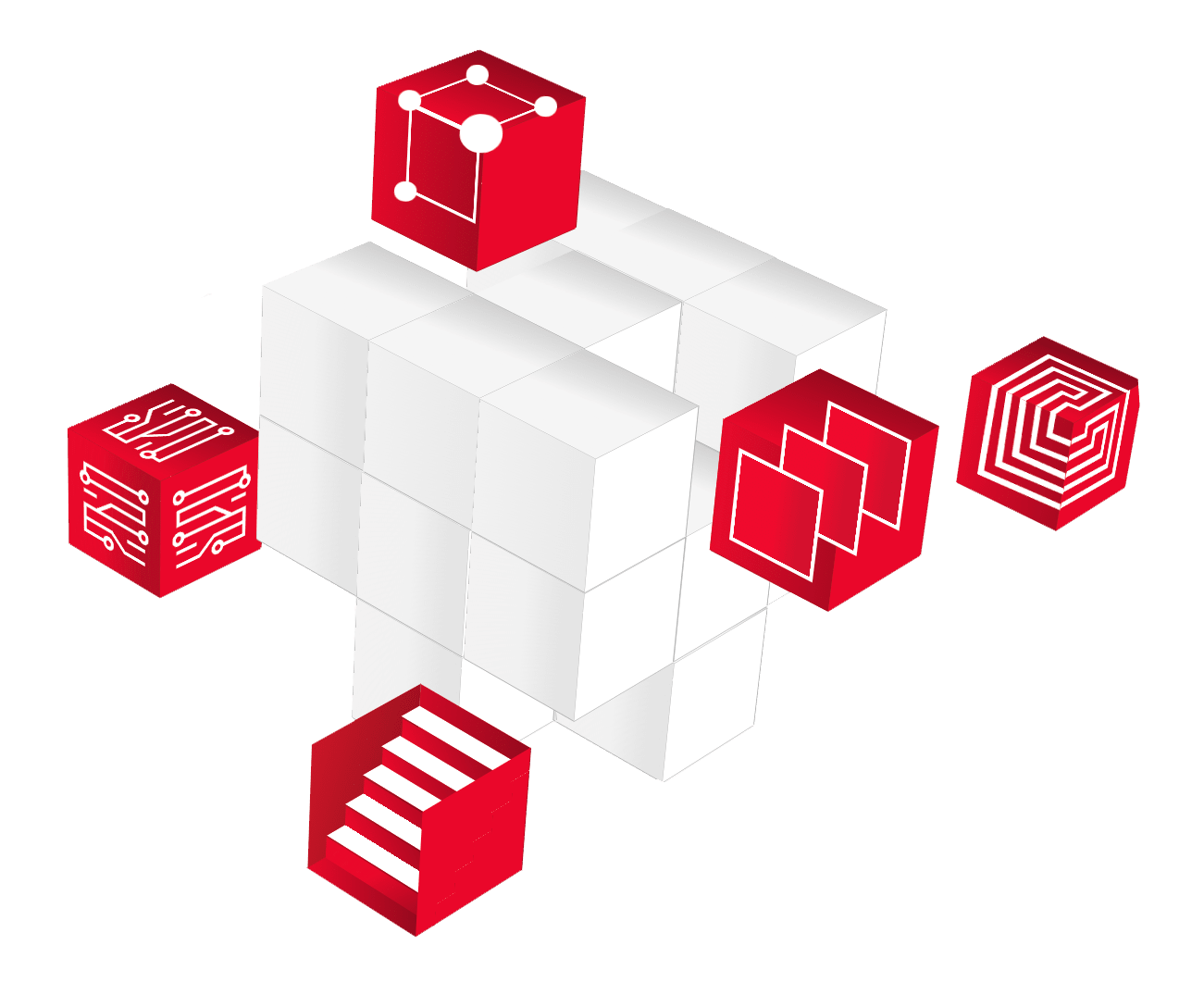 A cube made up of 27 smaller cubes, 5 of which are red, sticking out, and have patterns on them