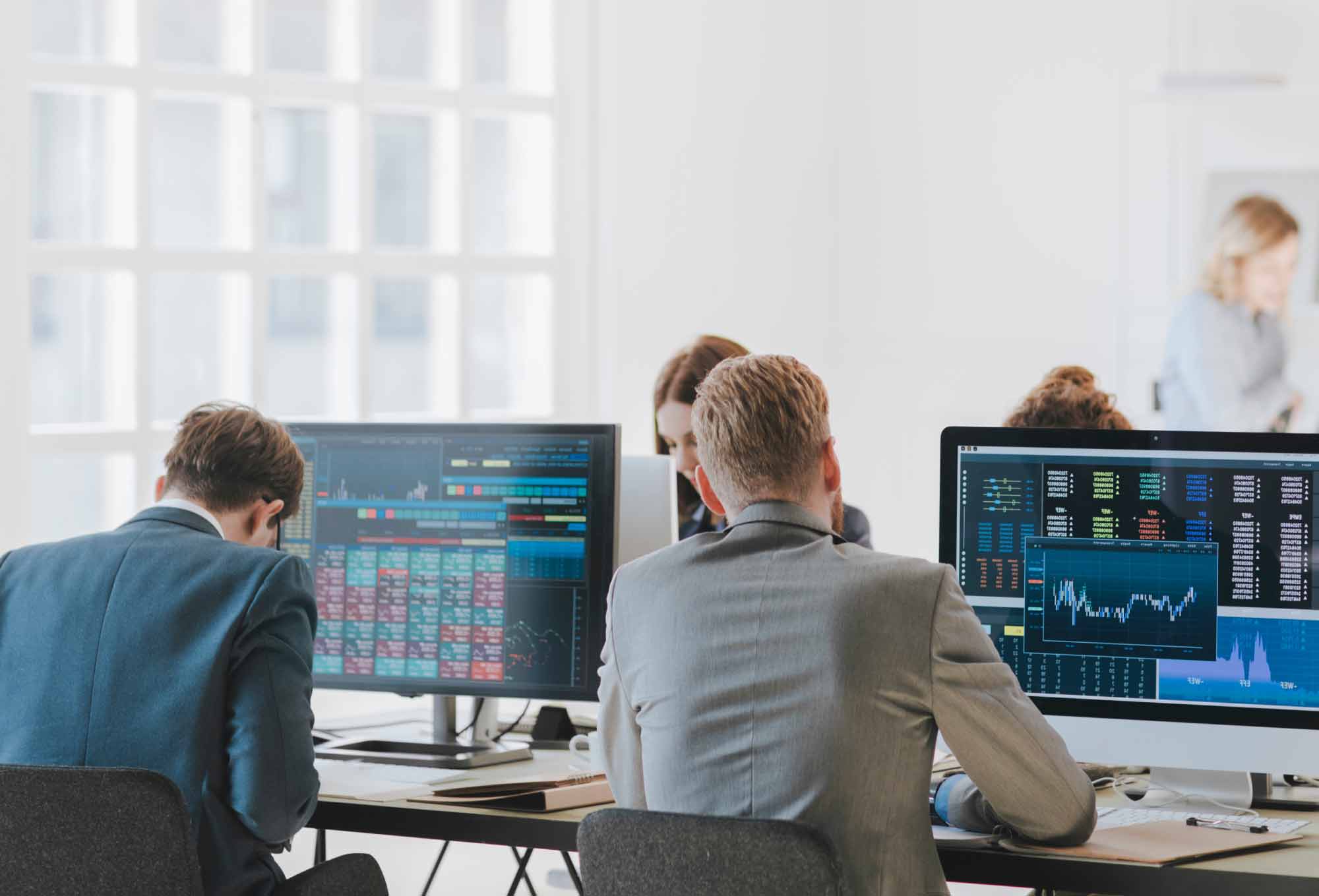 people working on computers in white room