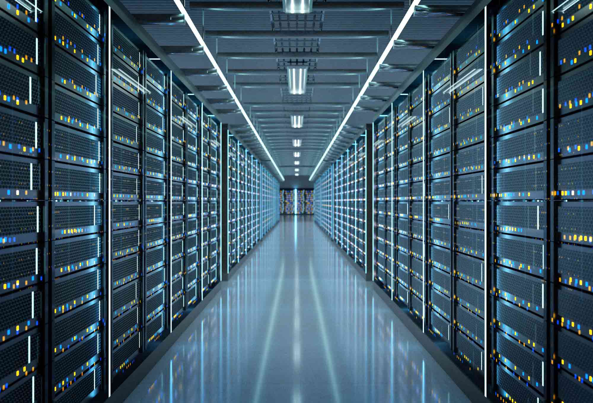 servers on the left and right with a long walkway in the middle