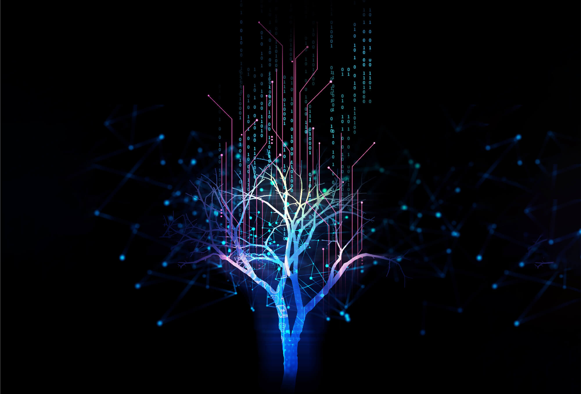 digital looking tree in blackness