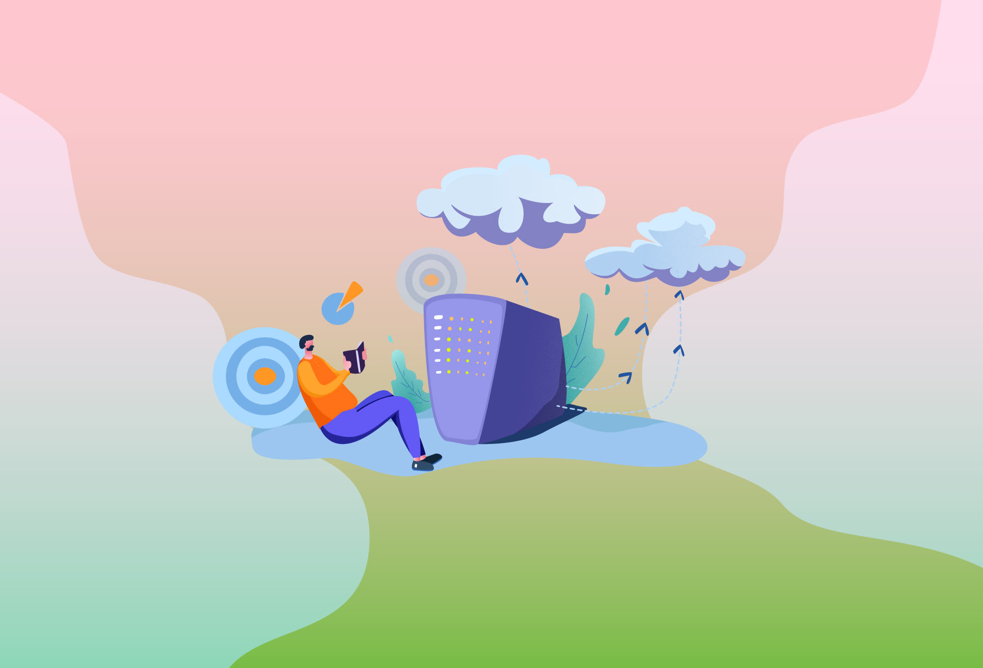 a pink gradient sky with a person sitting next to a server with clouds above