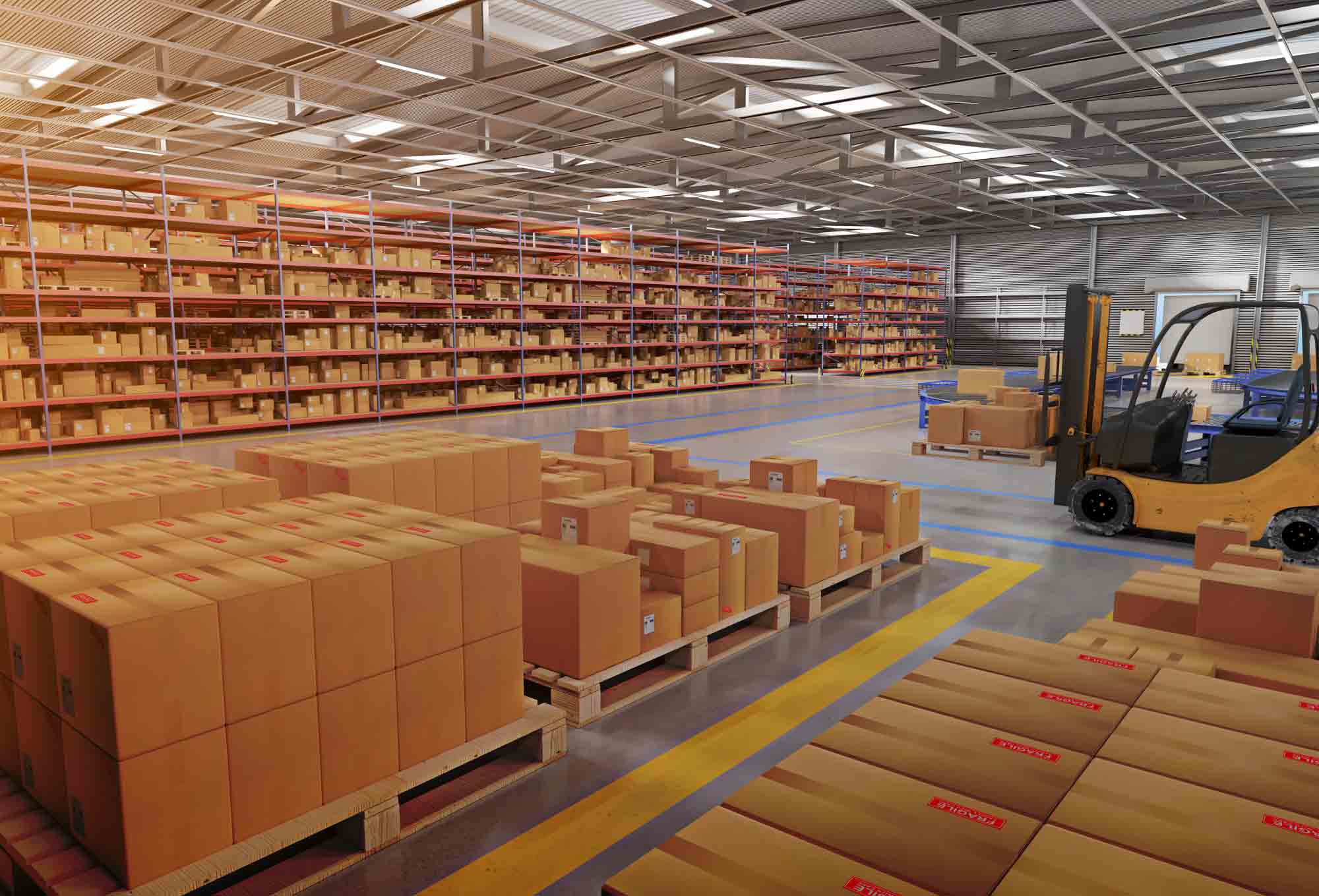 forklift in a warehouse full of brown boxes