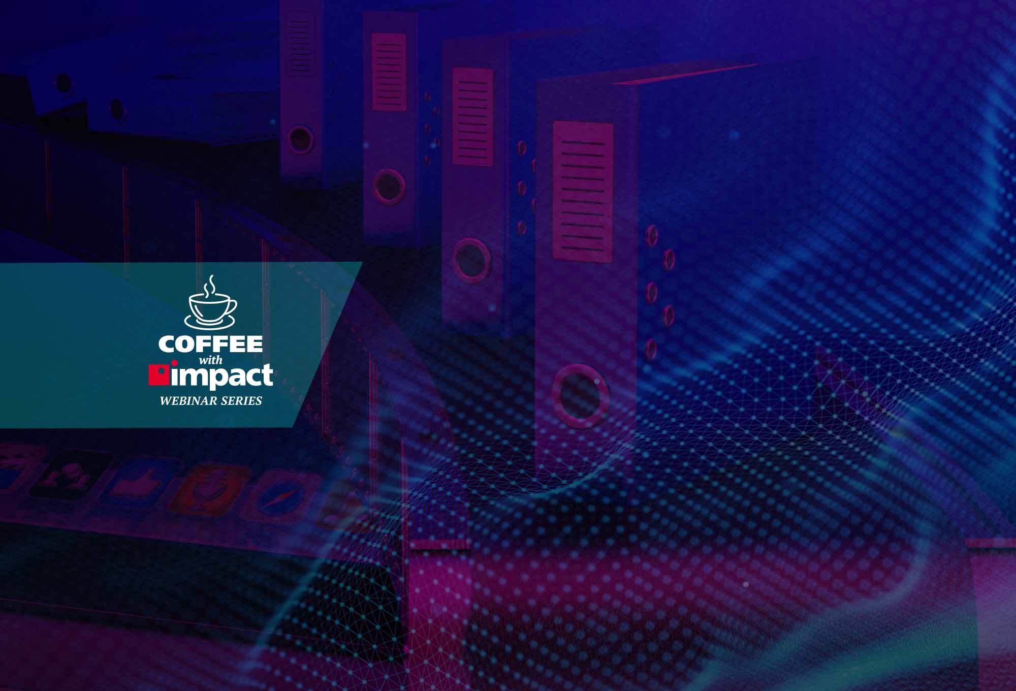 coffee with impact icon on left side of graphic with flowing purple and blue waves