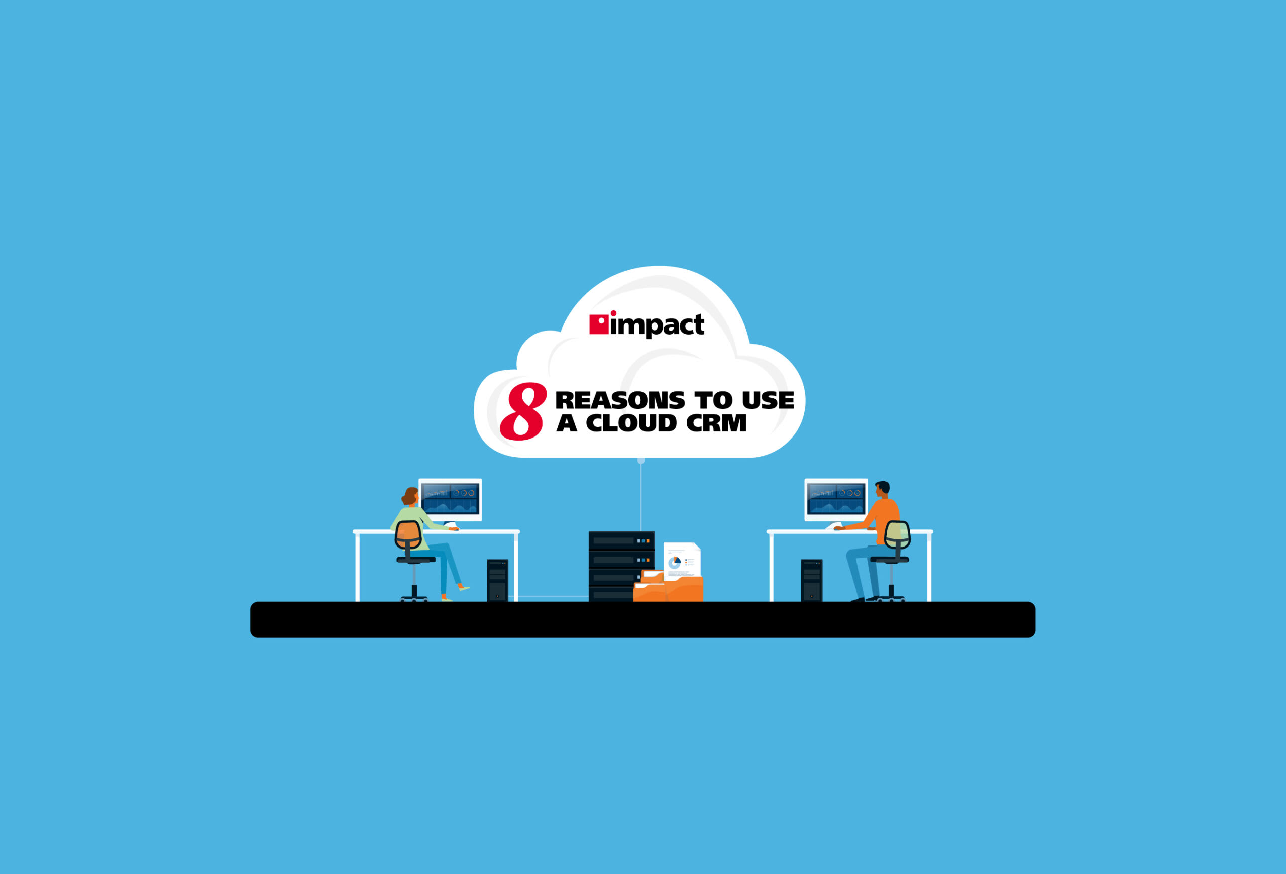 two people sitting at desks working on a computer with a cloud service between them