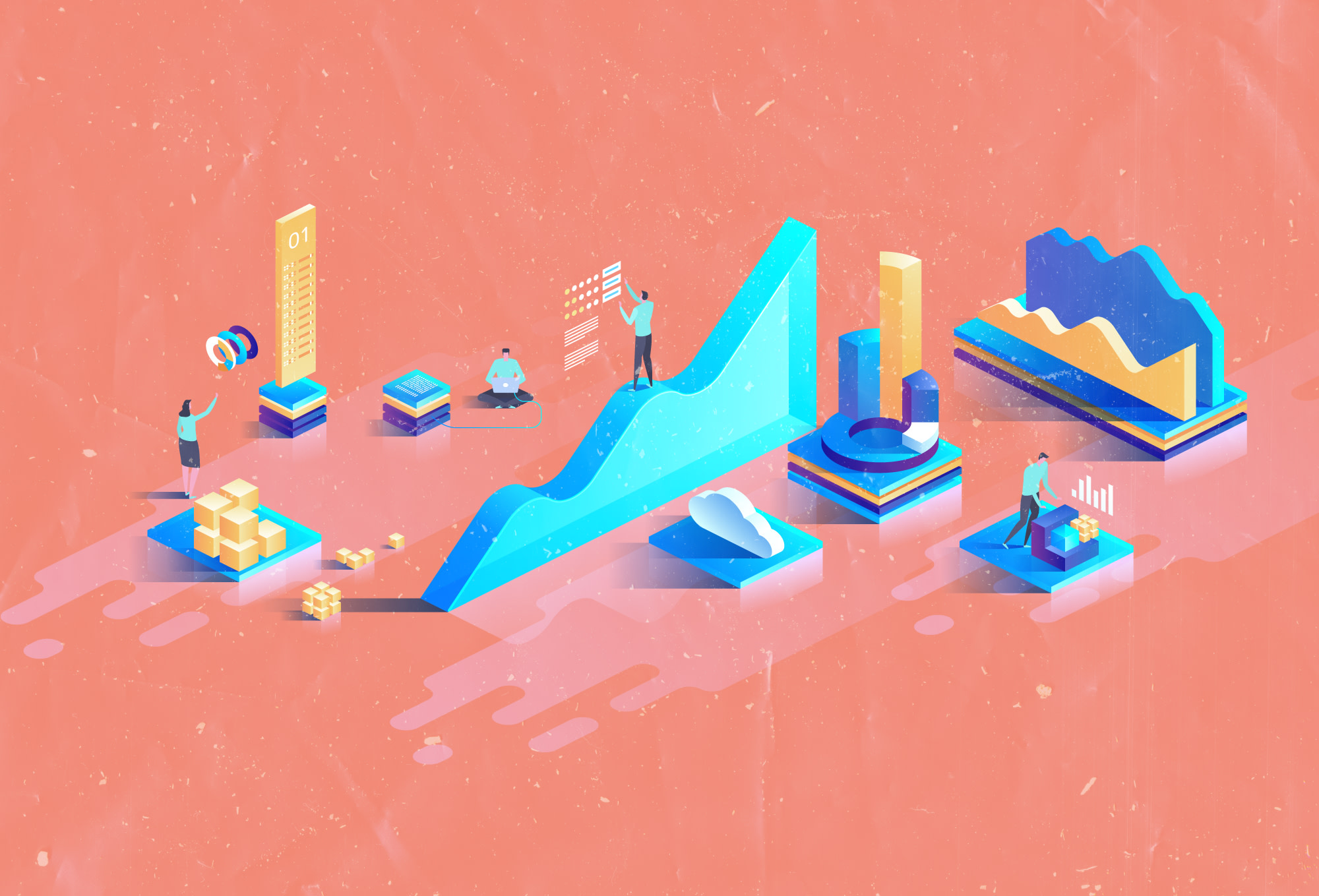 cartoon graphs and people on orange background