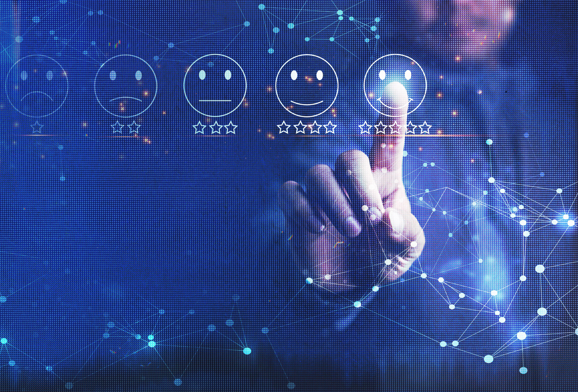 a series of smiley faces with a hand extended pointing at the happiest one