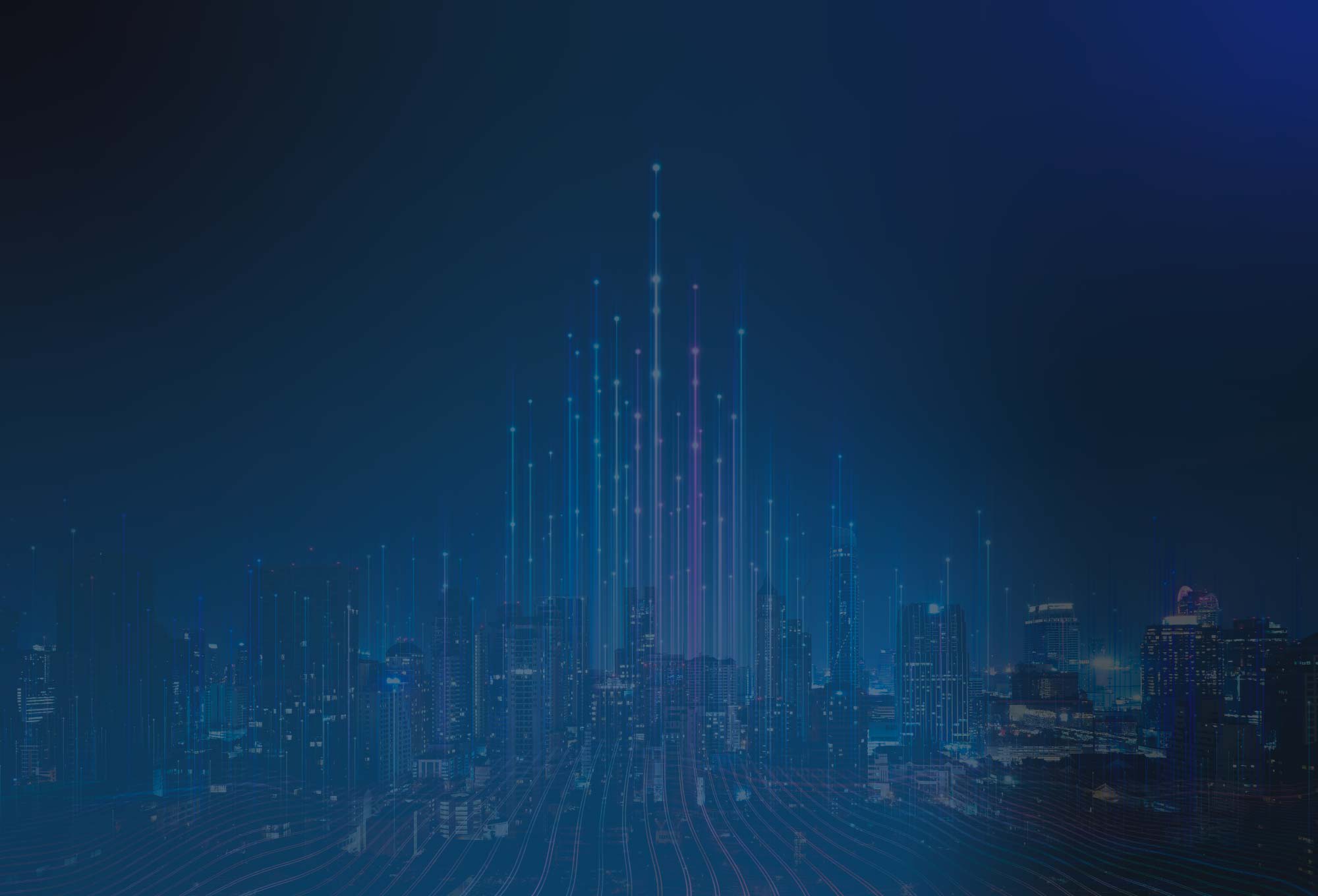 blue image of city in distance