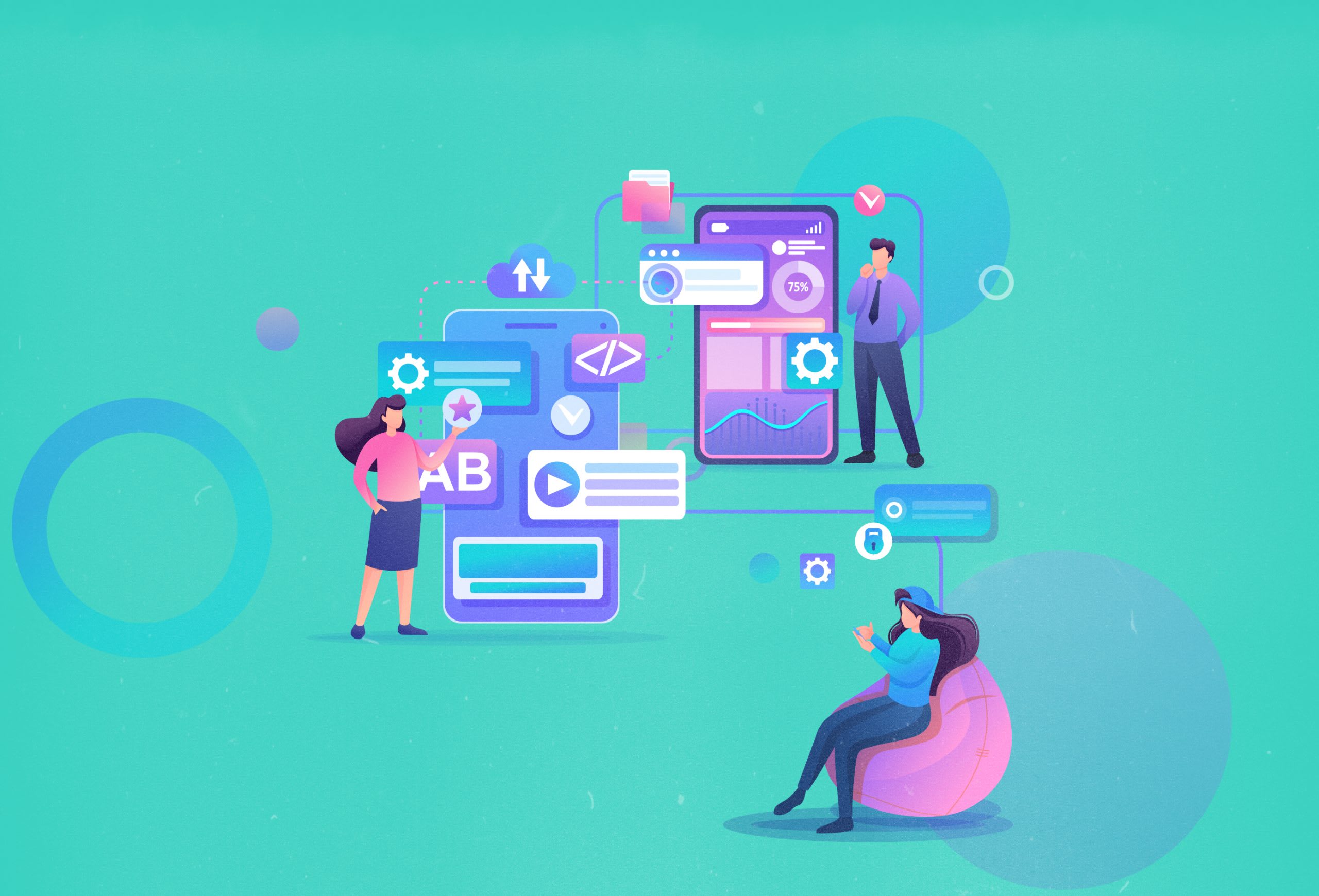 two large phone displays with people standing next to them