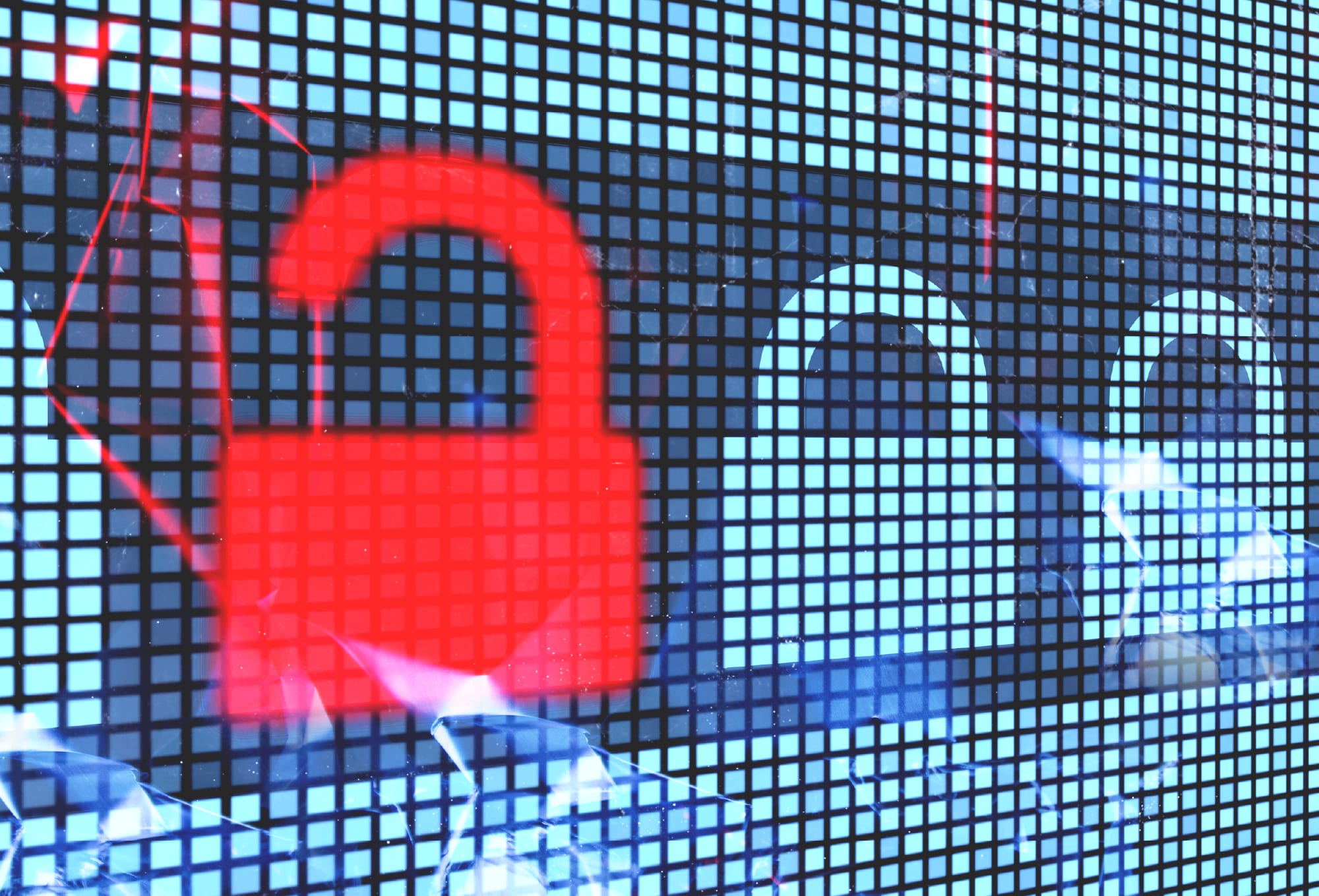 digital lock symbols with one red unlocked symbol