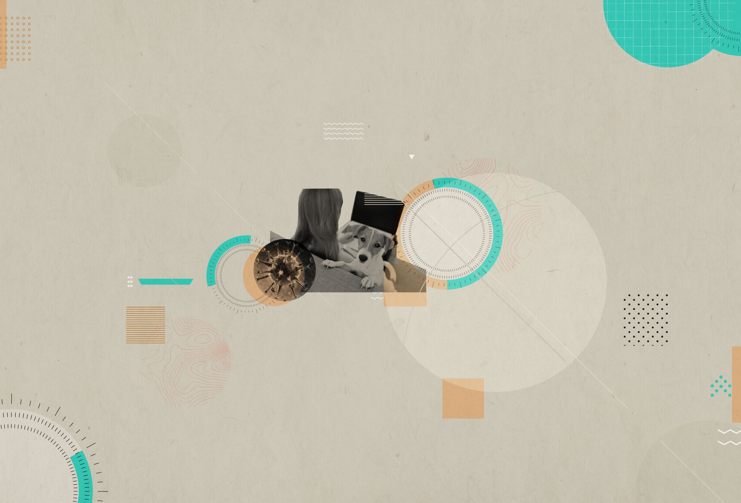 woman and dog on couch floating in brown background