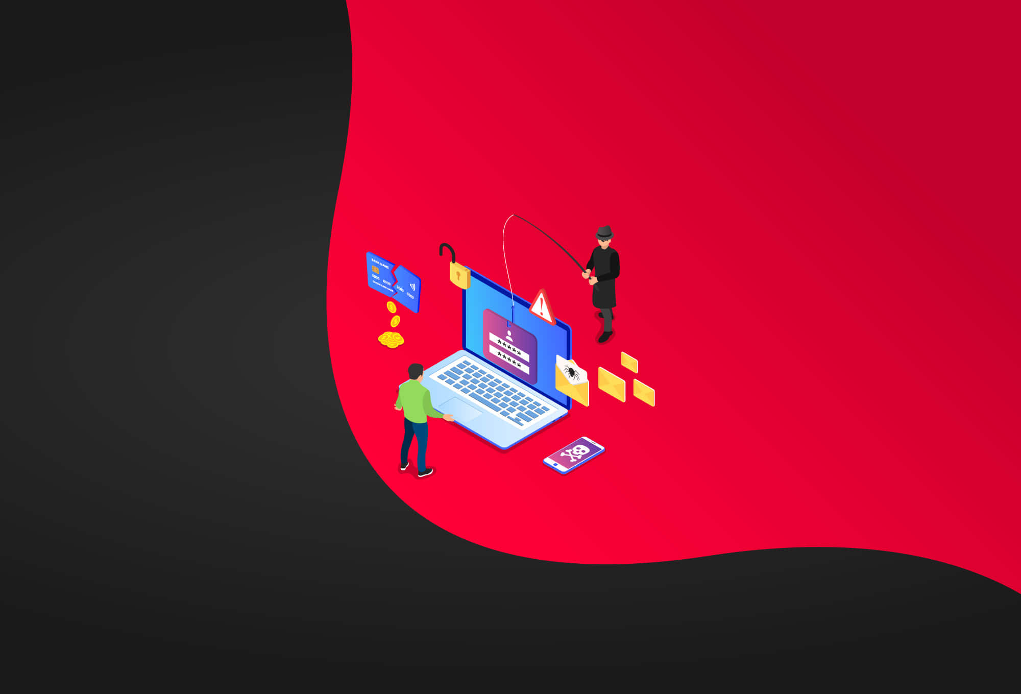 black and red background with an image of a laptop and a person fishing on one side