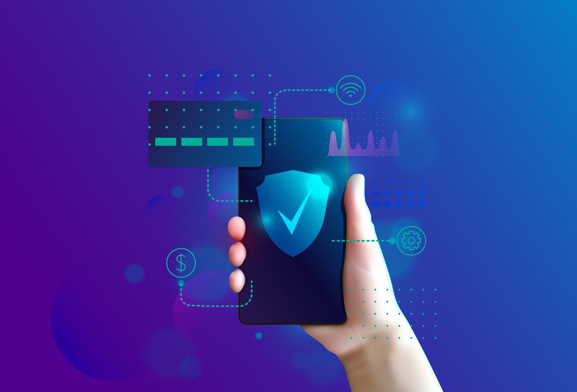 person holding a phone, the screen shows a shield with a checkmark