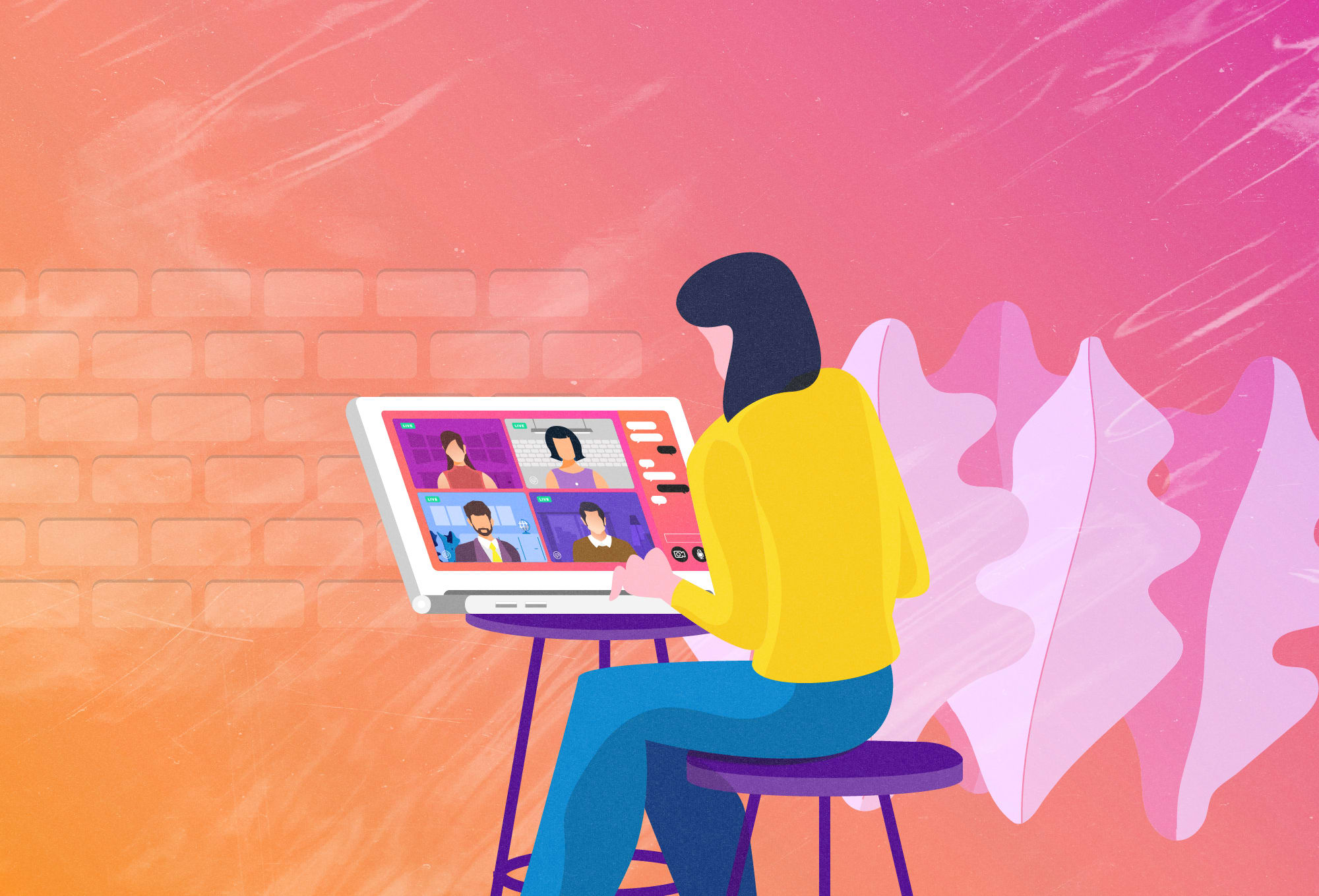 cartoon of a woman looking into a laptop screen having a zoom call