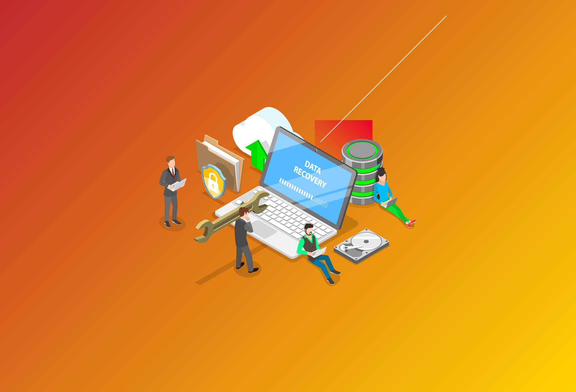 collage of a laptop with cartoon figurines of people, folders and cloud