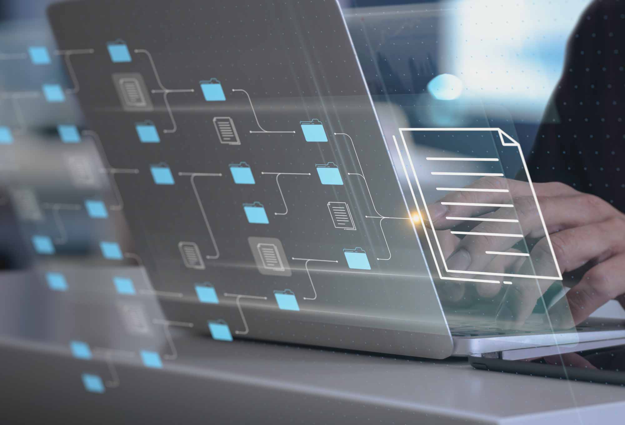 laptop open, hologram of a digital workflow