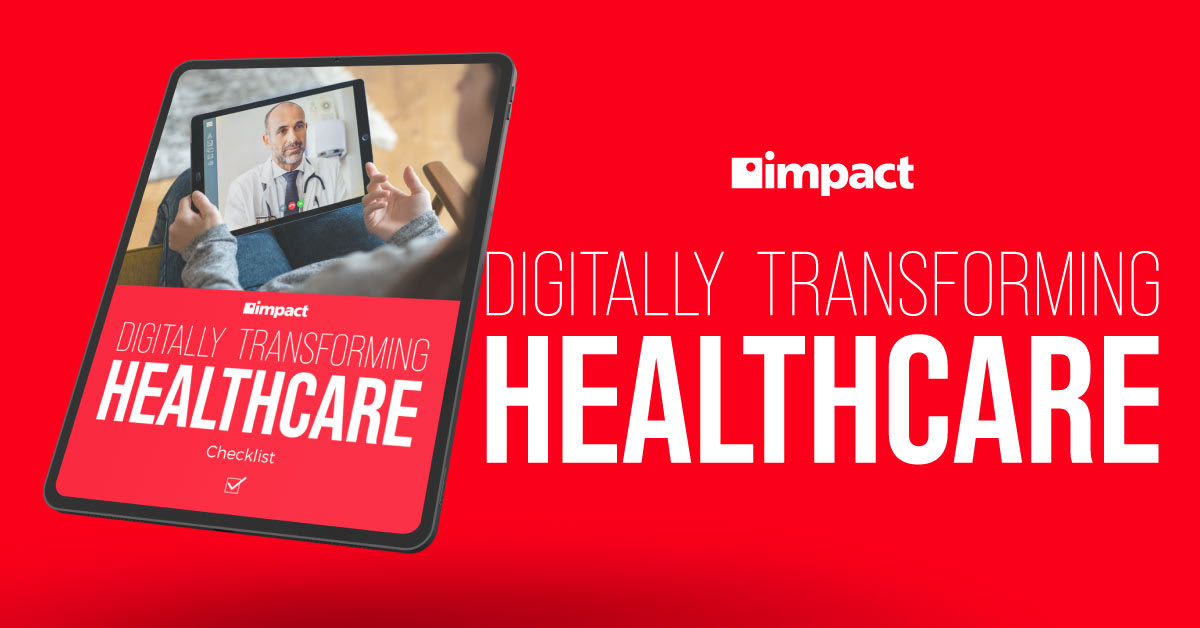ipad on red background title digitally transforming healthcare