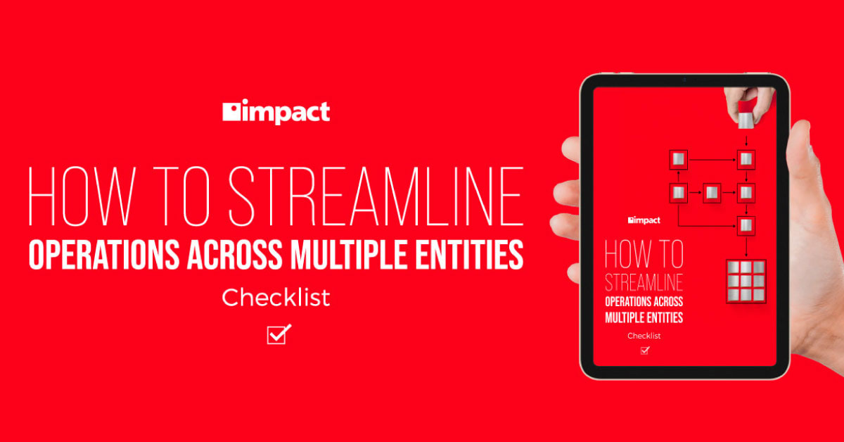 Ipad red background with title how to streamline operations across multiple entities checklist
