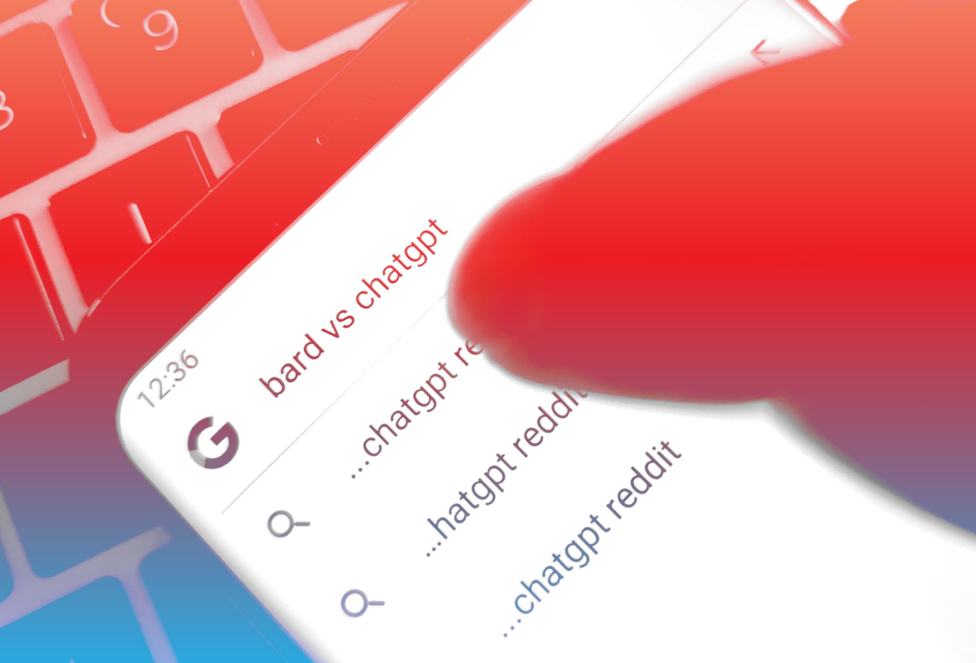 A thumb pressing an auto-fill search on a Google search tab on a smartphone with orange lighting.