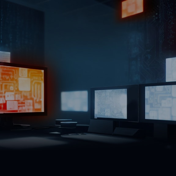 dark room with multiple screens