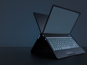 An open laptop on an angle with a blank screen