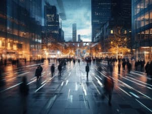 light-blur of people walking down a dim city street with a skyscraper in the background.