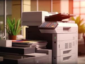 A printer machine with a stack of printed documents on the tray.