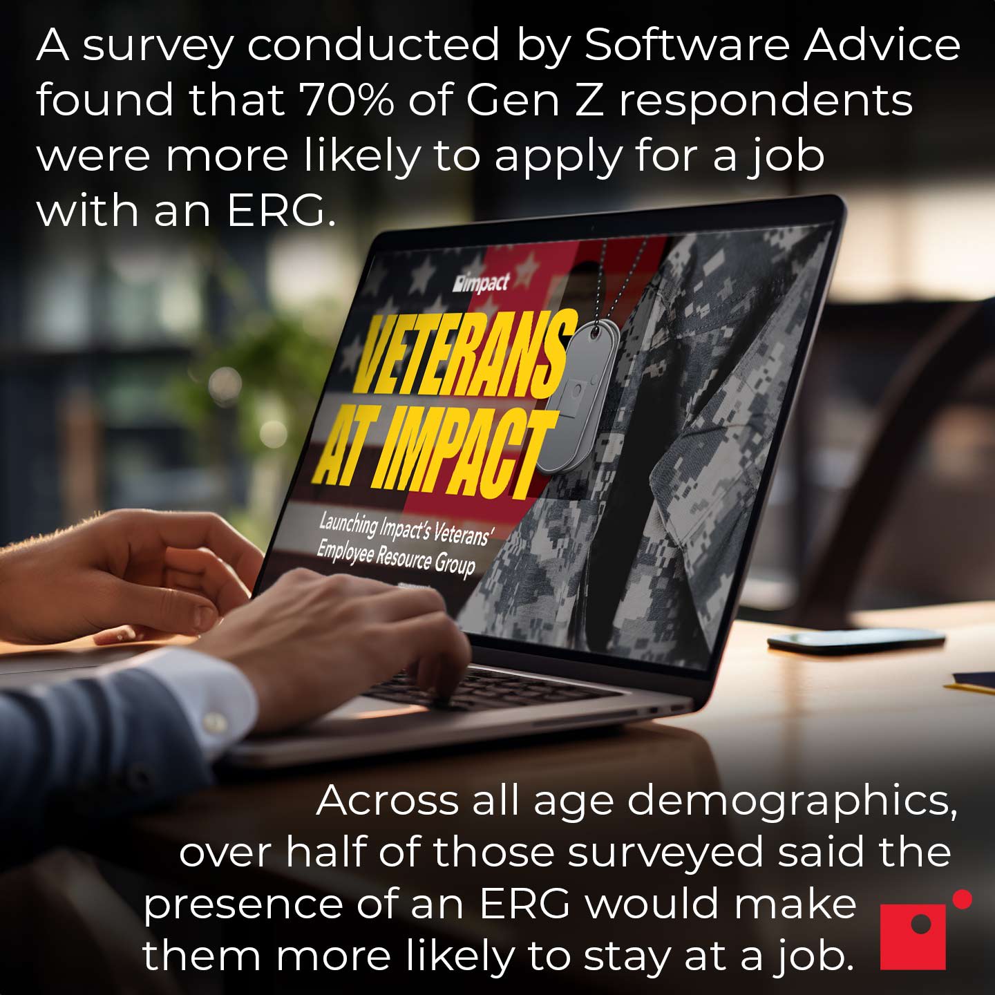 One survey conducted by Software Advice found that 70% of Gen Z respondents were more likely to apply for a job with an ERG. Across all age demographics, over half of those surveyed said the presence of an ERG would make them more likely to stay at a job.