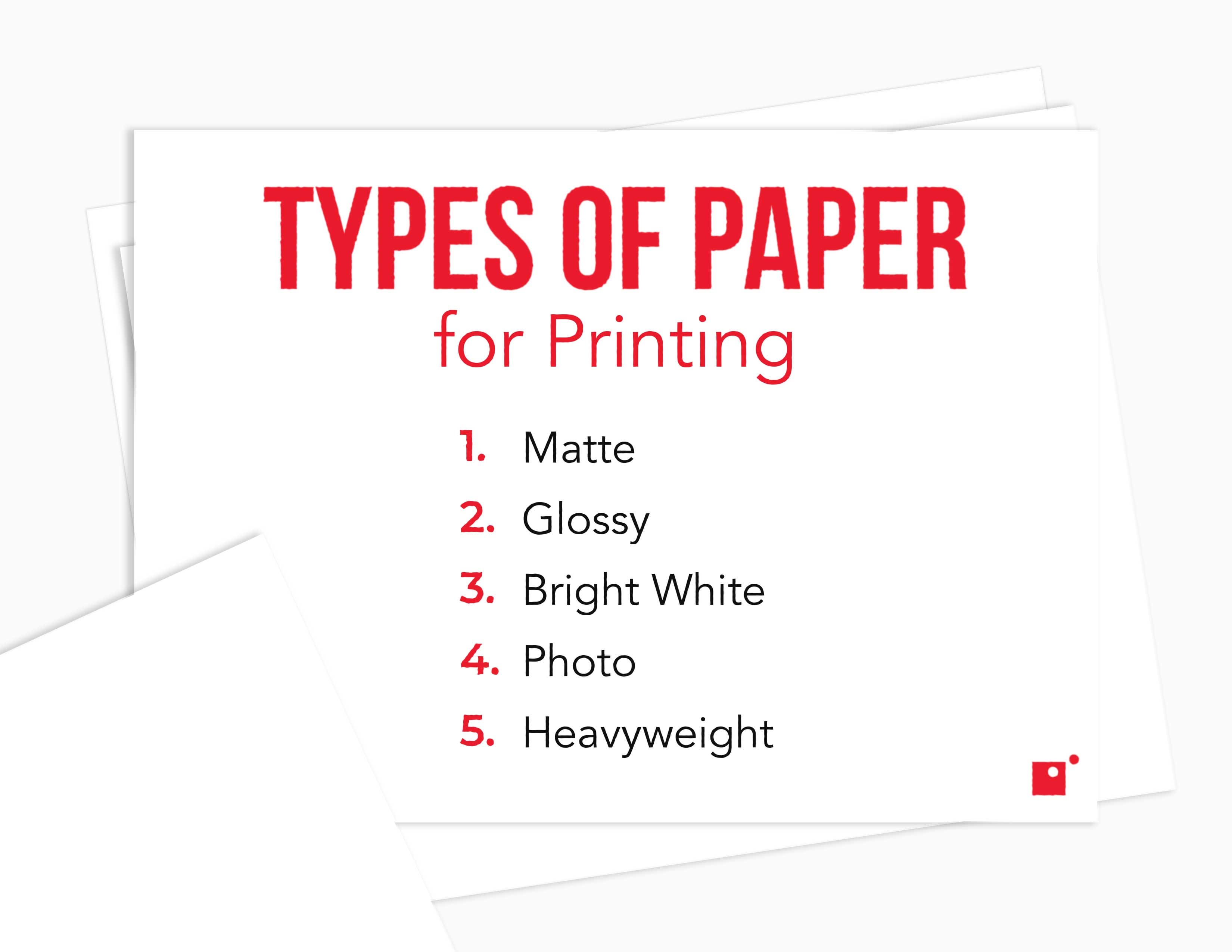 5 types of paper for printing: 1. Matte 2. Glossy 3. Bright White 4. Photo 5. Heavyweight