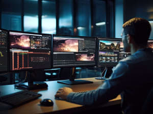 Man sitting in front of three monitors with various information modules