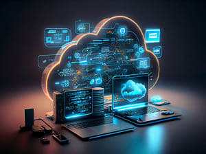 An image of a cloud behind multiple internet capable devices with a bunch of metrics and data flows displayed
