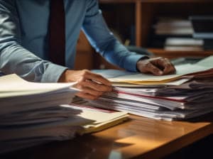 Stacks of folders and paperwork on a desk with a person manually sorting through them one at a time