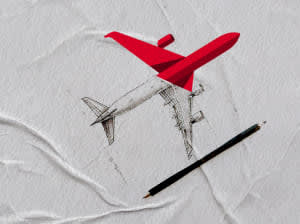 A wrinkled background with a plane half in greyscale and half red