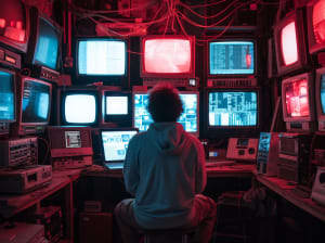 A person wearing a grey hoodie and sitting in front of a wall of monitors