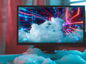 A monitor in a bubble bath with a digital circuitboard on the display