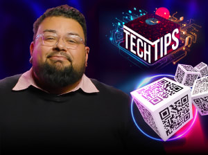 man on blue and red background | how to identify a fake QR code tech tips