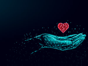 A digital hand holding a digital heart